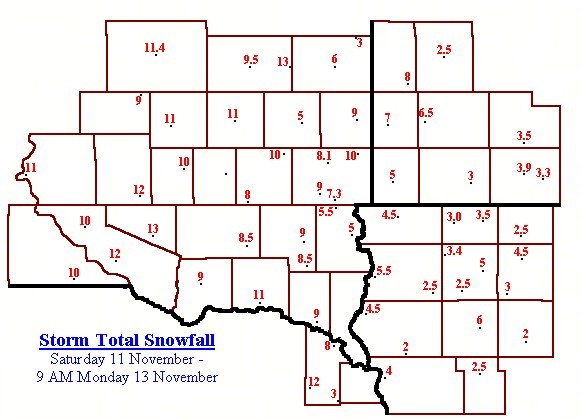 Map of snowfall from November 11-13, 2000