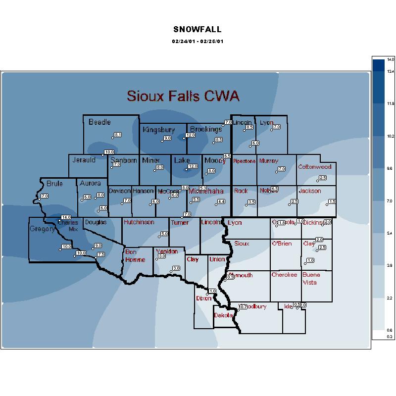 Map of snowfall for February 24-25, 2001