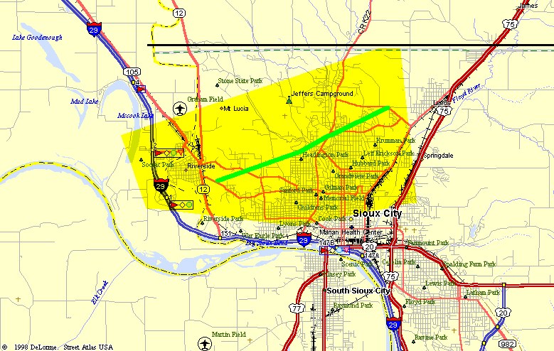 Map displaying the area of wind damage across Sioux City Iowa