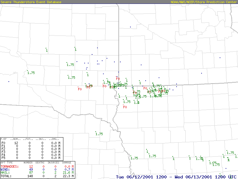 Reports of severe weather from the afternoon of June 12 through early morning of June 13.