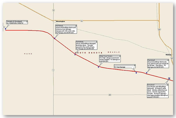 Map of tornado track from eastern Hand County, to near Wolsey in Beadle County.  Click map to enlarge.  Damage photos from this area located below.