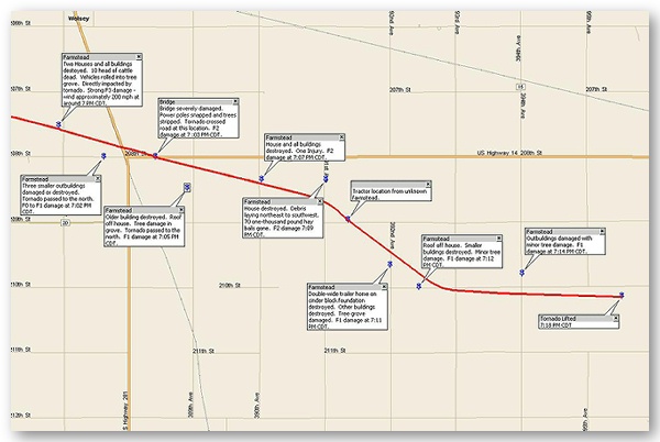 Map of tornado track from near Wolsey to southwest of Huron in Beadle County.  Click map to enlarge.  Damage photos from this area located below.