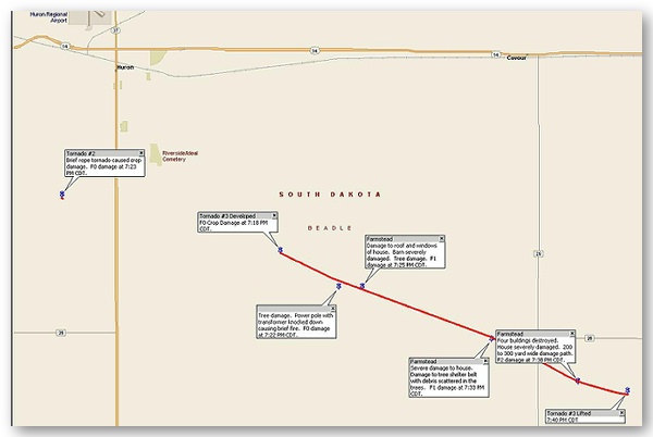 Map of tornado tracks from south of Huron, to south of Cavour in Beadle County.  Click map to enlarge.  Damage photos from this area located below.