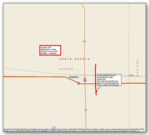 Tornado path east of Plankinton, SD.  Click map for a larger view.