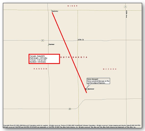 Tornado path near Spencer, SD.  Click map for a larger view.