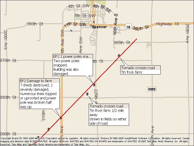 Specific damage south and east of Spencer, Iowa