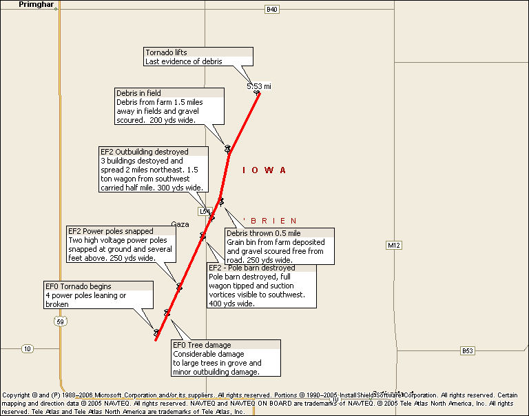 Path of tornado damage in O'Brien County, Iowa