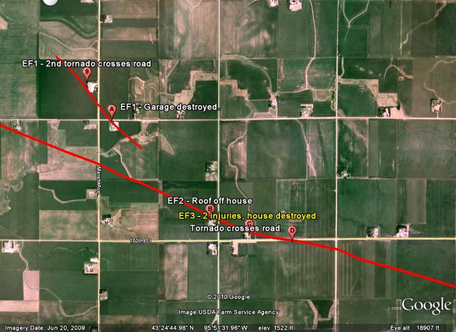 Map of tornado track south of Little Rock, Iowa