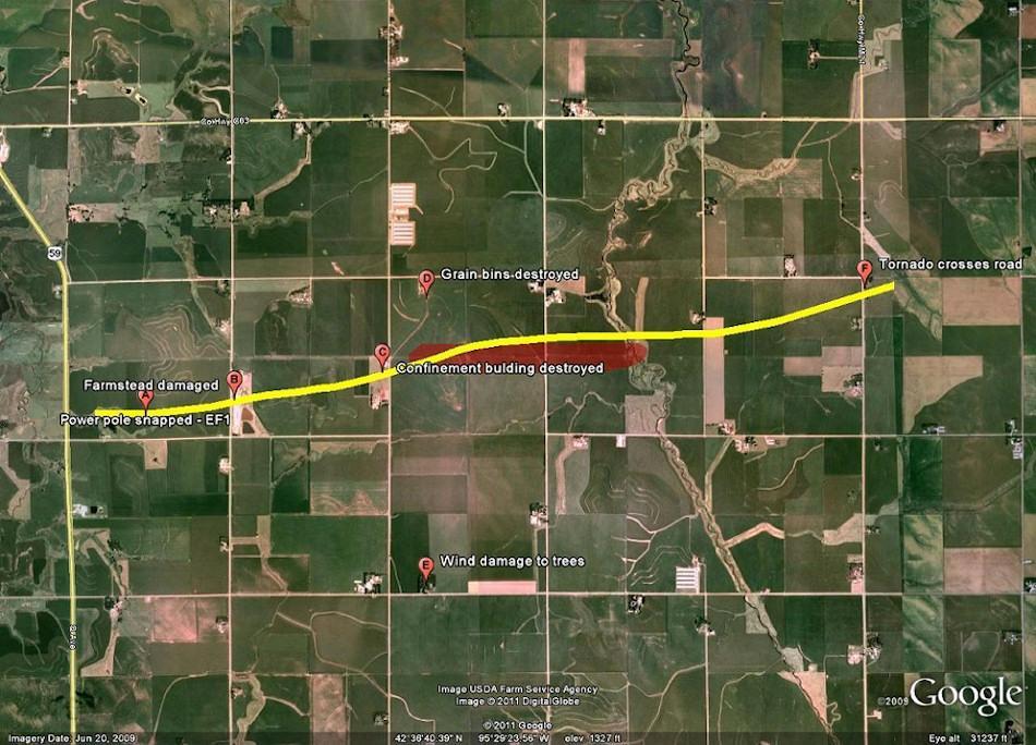  The path of the tornado south of Cherokee, Iowa.