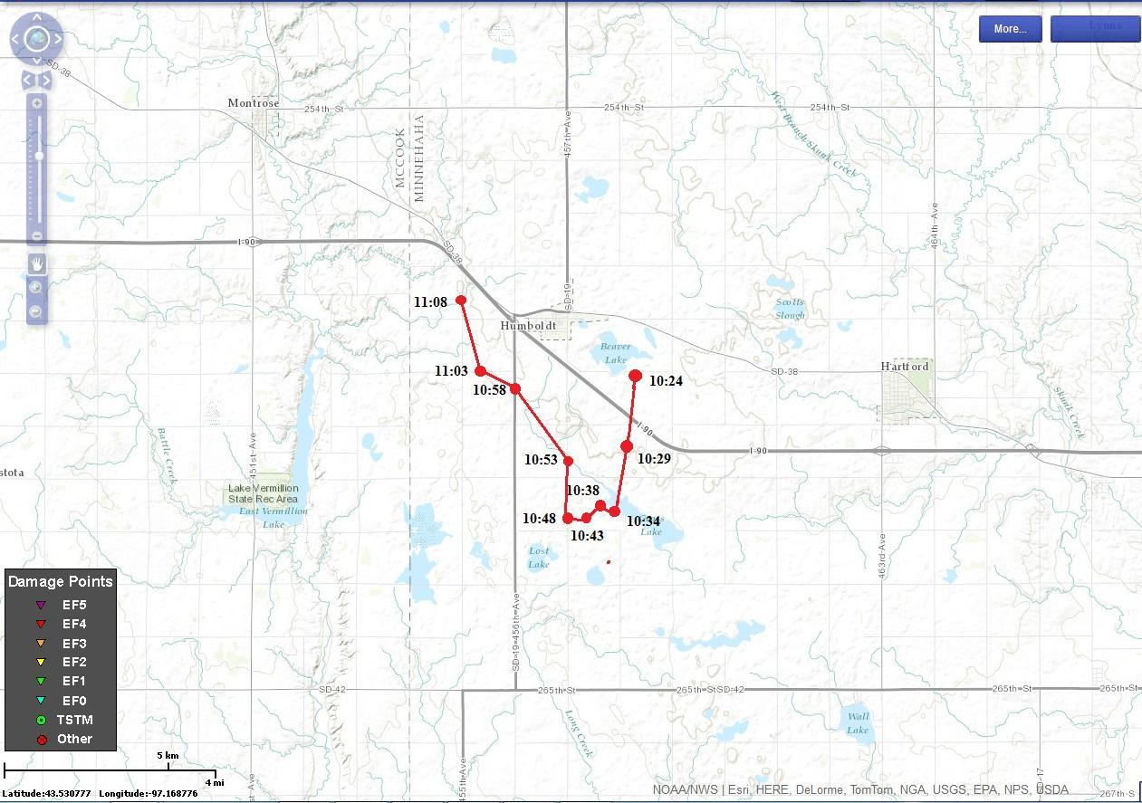 Track of the parent circulation of the tornado seen on radar