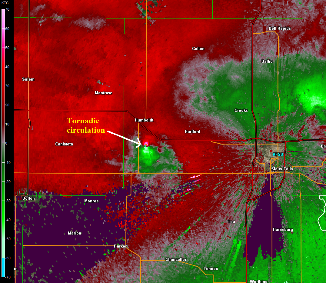 Radial Velocity image of the Humboldt, SD tornado at 10:48 pm CDT