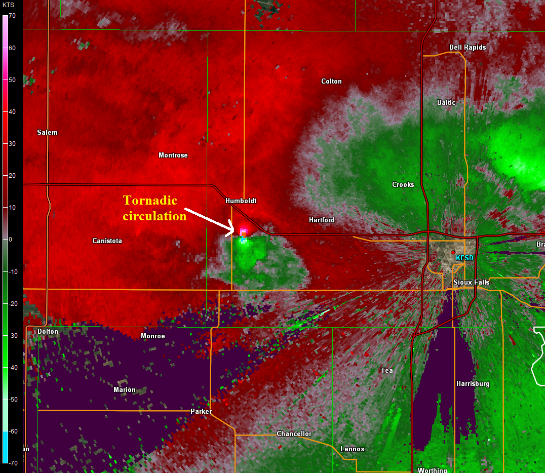 Radial velocity image of the Humboldt, SD tornado at 10:53 pm CDT