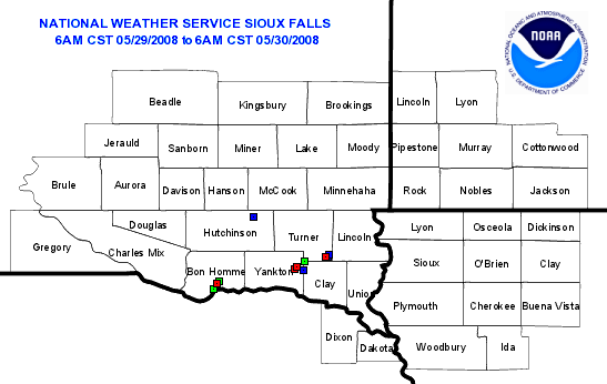 Map of storm reports from the evening of May 29, 2008.  Listing of reports available below the map.