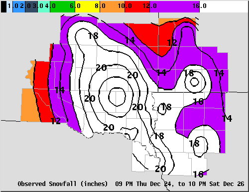 Map of Total Snowfall from December 23 - Noon December 26, 2009