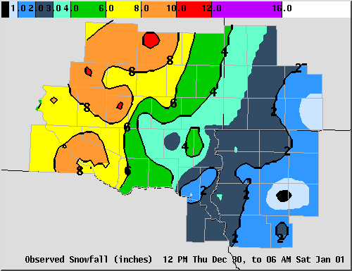 Storm total snowfall map from Thursday December 30 through New Years Morning