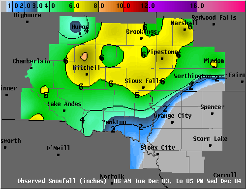 Contoured map of snowfall reports for December 3rd and 4th, 2013