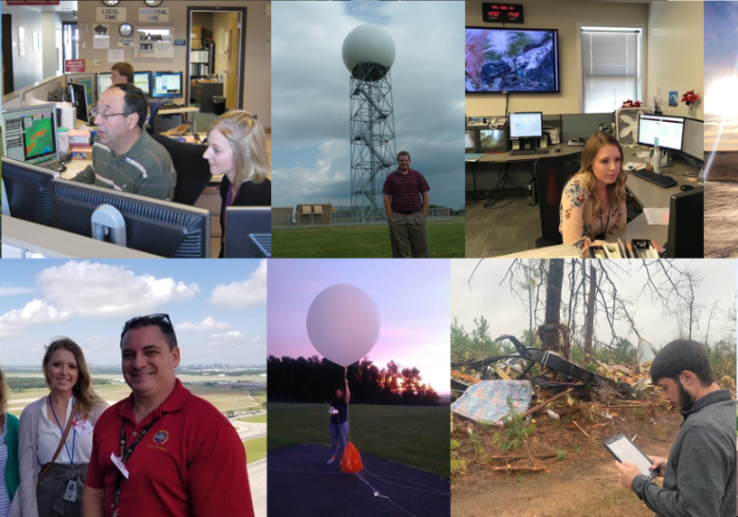 picture of students and NWS staff in different locations, with the radar, in the office, in the field, and sending a weather balloon