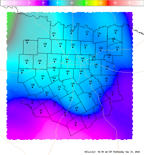 Automatically generated image showing areas of 0-3 km storm relative helicity.