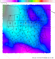 Thumbnail of an automatically generated image showing areas of 0-3 km storm relative helicity.