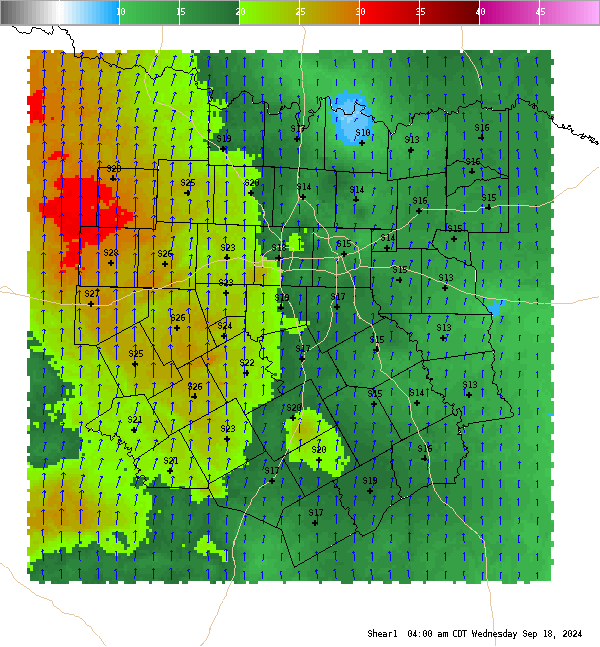 Automatically generated image showing areas of surface-1km vertical shear.