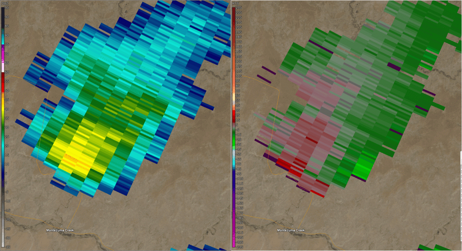 Radar reflectivity and velocity image