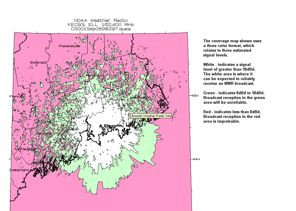 Detailed map of projected signal coverage of radio station KEC93