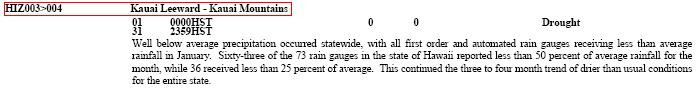 Screen capture of a storm data entry with the HIZ003>004 Kauai Leeward - Kauai Mountains outlined.