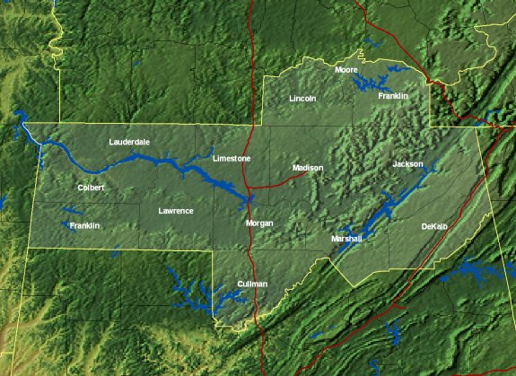 Map of the NWS Huntsville, AL County Warning and Forecast Area