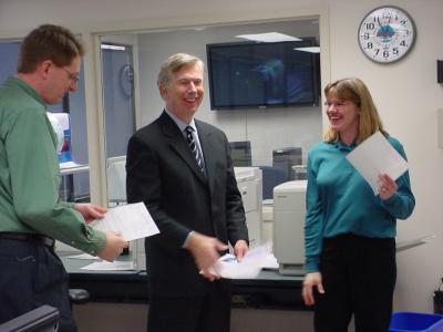 Image of Rep. Cramer looking at first forecast