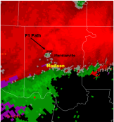 KHTX Base Velocity 0.5 deg at 815 AM CDT ~ 130K