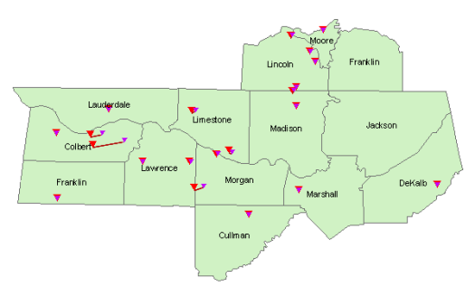 Tornado Tracks across the Huntsville, AL County Warning Area