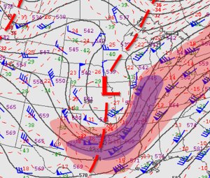 The 500mb (roughly 15,000 feet) chart, valid at 1200 UTC (6 AM CST) on February 6, 2008.