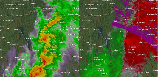 This National Weather Service radar from noon                        showed strong rotation northwest of Florence near Central                        Heights. The base reflectivity product in the left panel shows                        rainfall intensity. The storm relative velocity product in                        the right panel shows winds toward (in green) and away (in                        red) from the radar at Columbus Air Force Base, MS.