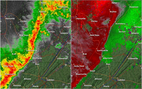 This National Weather Service radar image from 3:48pm shows a broad area of circulation south of Leighton near the Whiteoak community. This tornado was likely the result of a non-descending mesocyclone. This means the circulation developed closer to the ground than most storms. Because the Columbus AFB radar is nearly 70 miles away, the stronger circulation occurred below the radar beam. This is a perfect example of why storm spotters are an integral part of National Weather Service warning operations. The base reflectivity product in the left panel shows rainfall intensity. The storm relative velocity product in the right panel shows winds toward (in green) and away (in red) from the radar near Columbus AFB, MS.