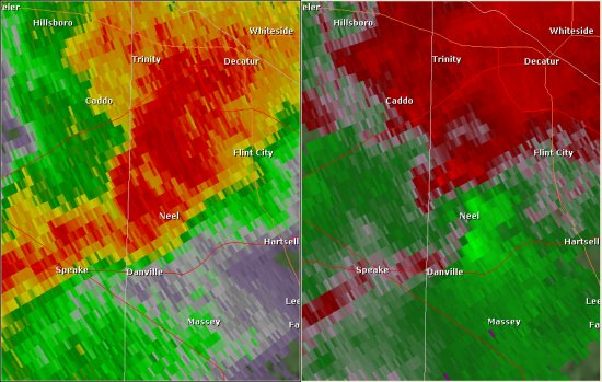 This National Weather Service radar image from 6:42pm shows rotation north and west of Neel around Punkin Center. The base reflectivity product in the left panel, which shows rainfall intensity, shows a Bounded Weak Echo Region (BWER), or an area of lower reflectivity values entirely surrounded by high reflectivity values. This is indicative of rotation and the presence of a mesocyclone in the storm. The storm relative velocity product in the right panel shows winds toward (in green) and away (in red) from the radar at Hytop.