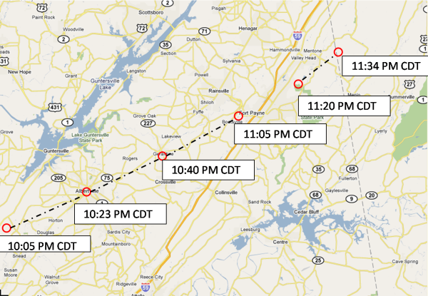 Tornado path from Blount County, Alabama through Chattooga County, Georgia. Click on the map for a larger version. 