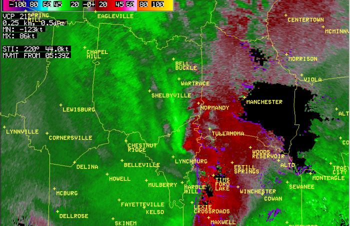 Radar image from 12:39 am CDT October 25th 2010 showing a circulation moving moving across central Moore County, Alabama.