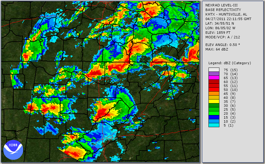 HTX 0.5 degree reflectivity loop of the EF-5 tornado track -- 4:29 to 5:16 CDT April 27 2011