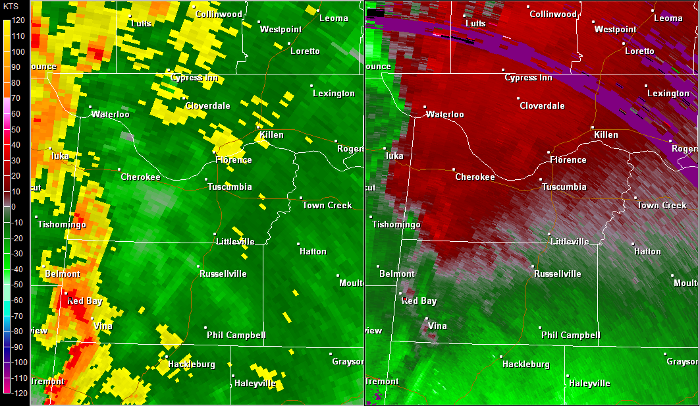 Hytop, AL Radar (HTX) radar loop of the EF-2 tornado track.  The imagery on the left is reflectivity, while the imagery on the right is storm-relative velocity.  Click on the image to loop. 