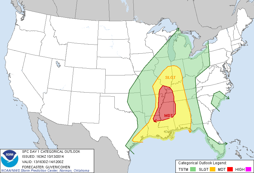 SPC Day 1 Outlook Issued at 1130 AM on October 13th, 2014