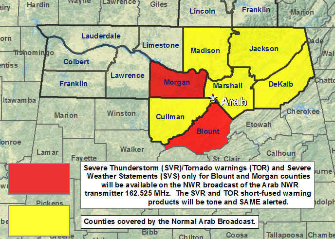 Arab, Alabama NOAA Weather Radio coverage area