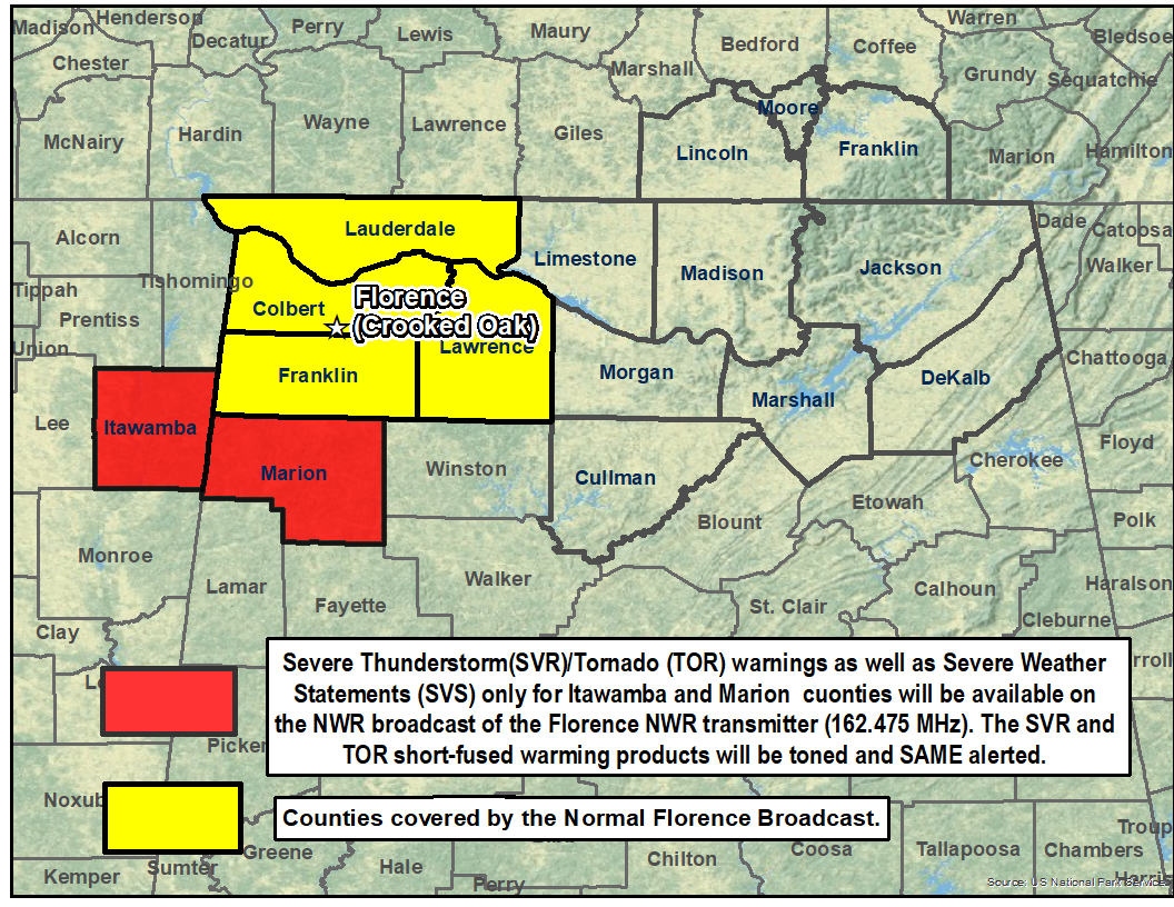 Florence, Alabama NOAA Weather Radio coverage area