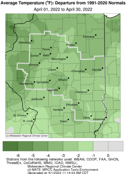 Feb 2022 Average Temperature Departure from Normal in Central IL