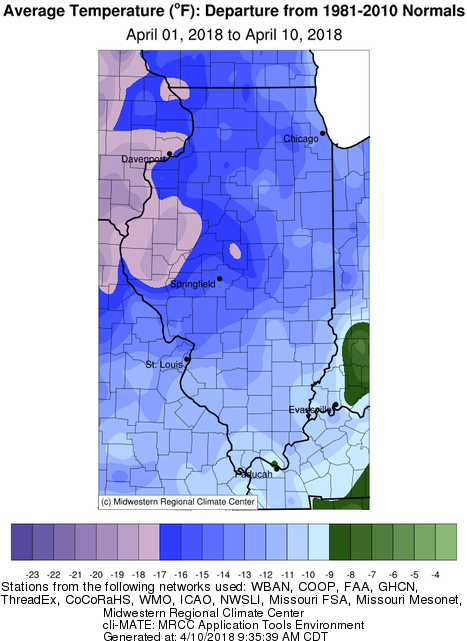 Temperature departure from normal for April 1-10, 2018