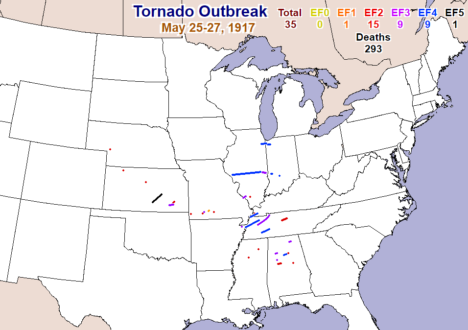 May 25-27, 1917 tornado outbreak map, courtesy Storm Prediction Center