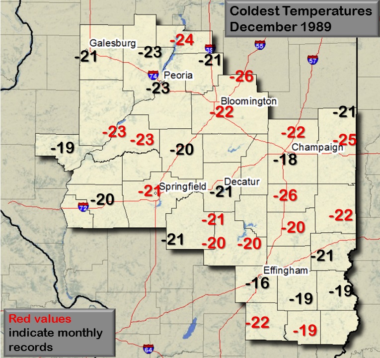 Coldest temperatures during December 1989 cold wave