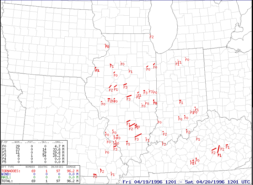 Tornado reports between 7 am April 19 and 7 am April 20