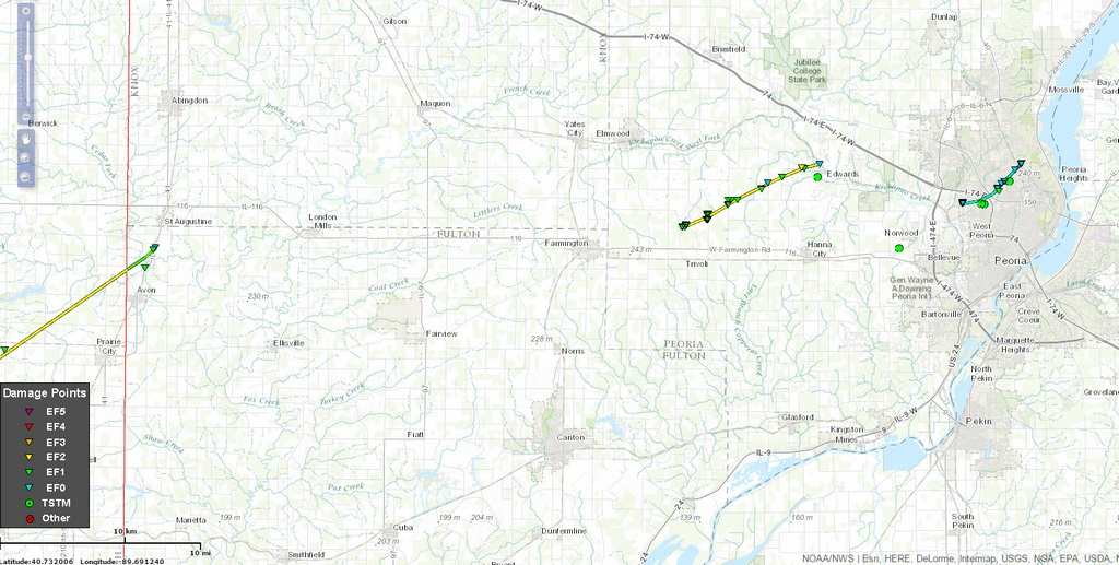 Tornado tracks from central Illinois (Macomb to Peoria area)