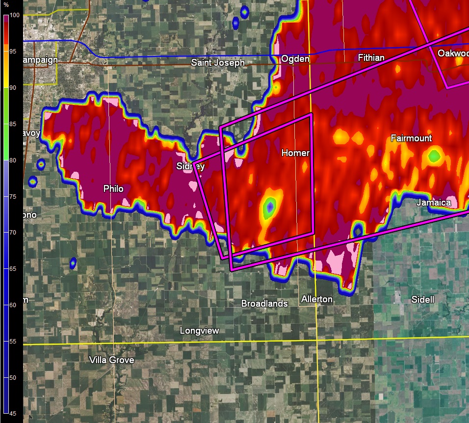 Correlation coefficient product at 6:44 pm, indicating a tornado debris signature