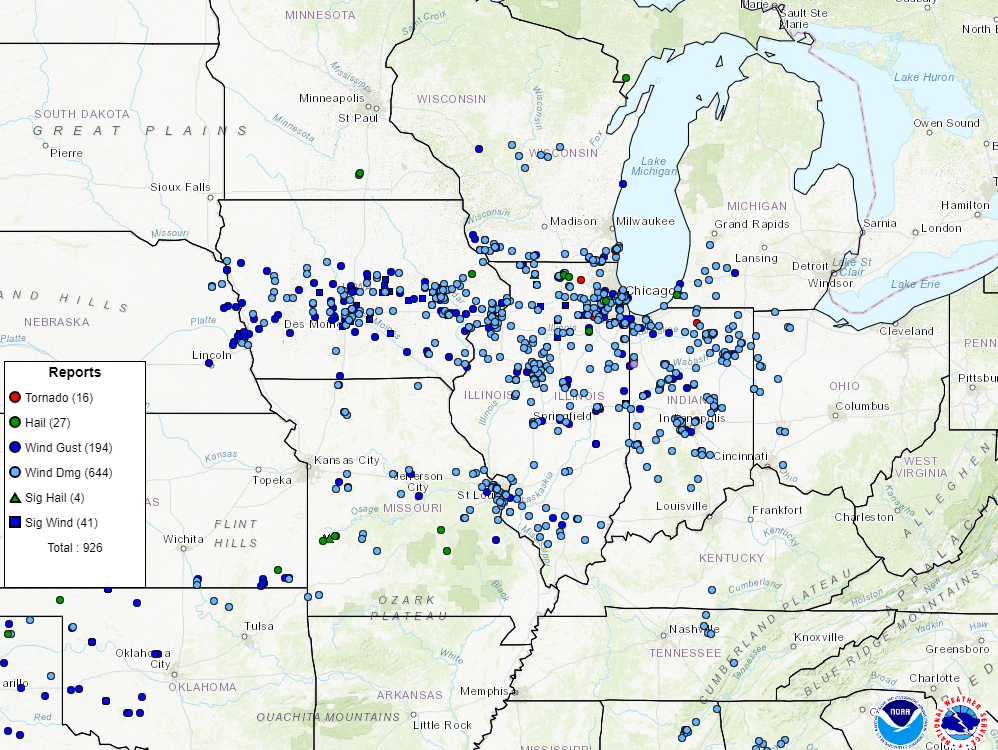 Storm report map, courtesy of the Storm Prediction Center